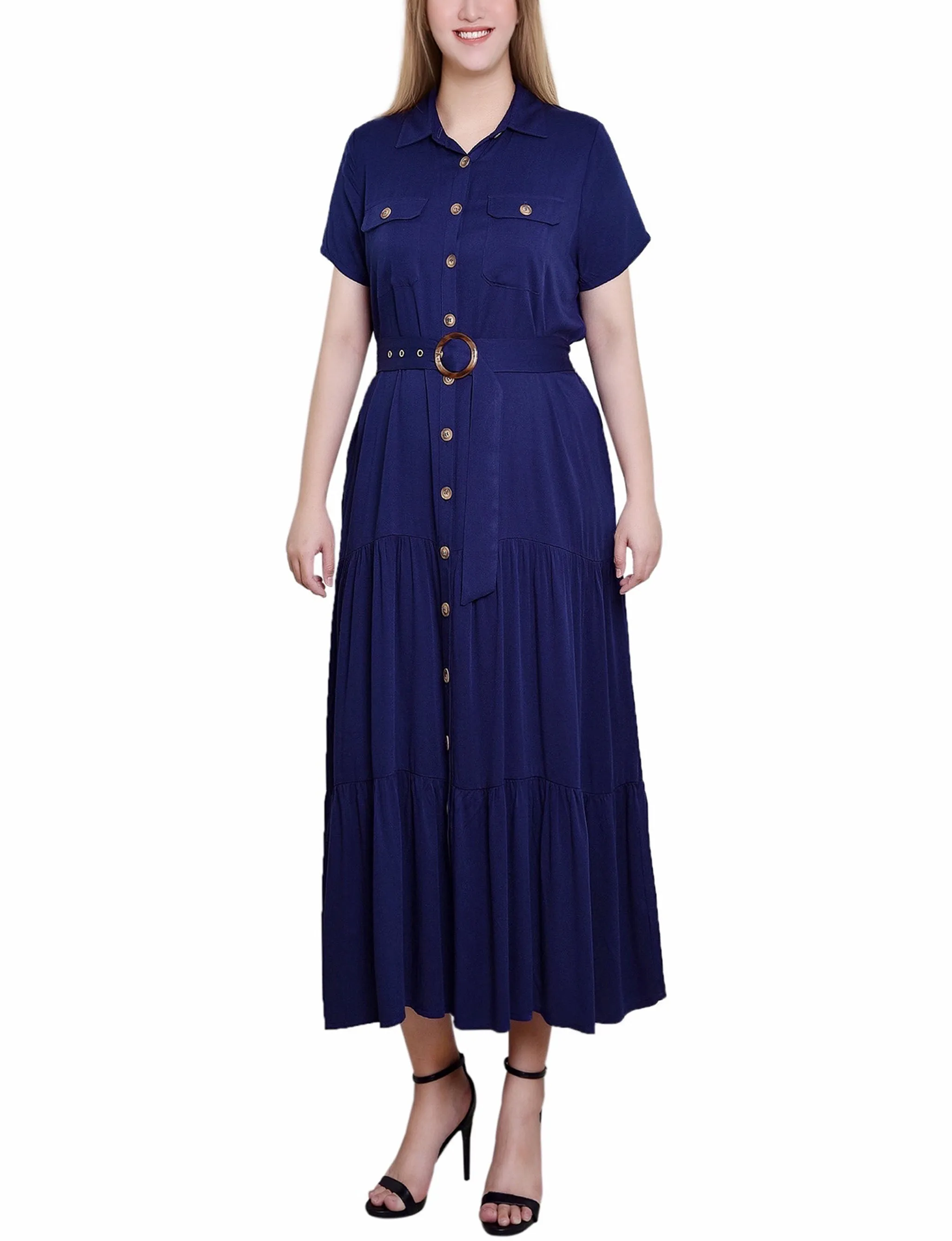 Navy Short Sleeve Midi Twill Dress - Petite sold by Dress Barn product image thumbnail 2