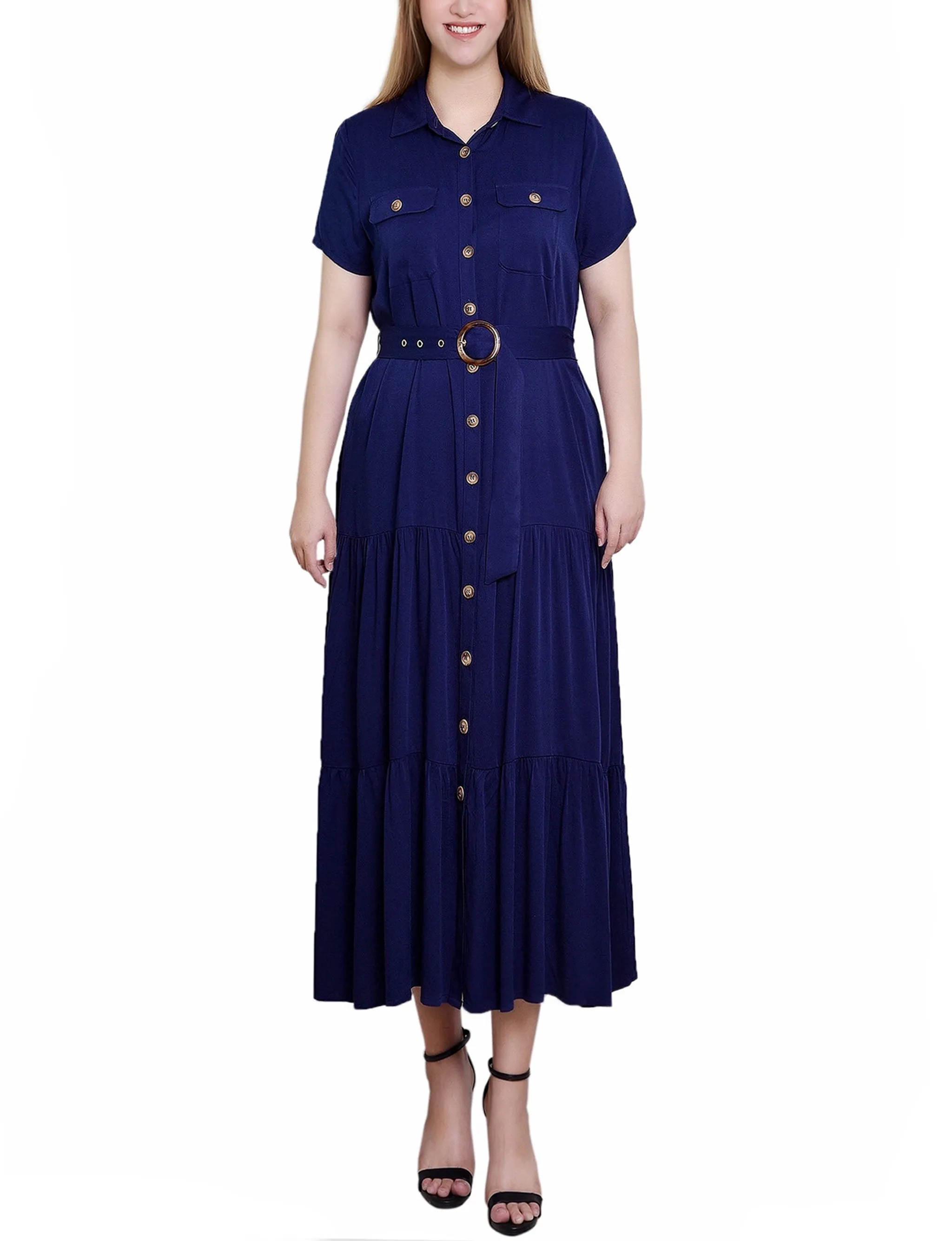 Navy Short Sleeve Midi Twill Dress - Petite sold by Dress Barn