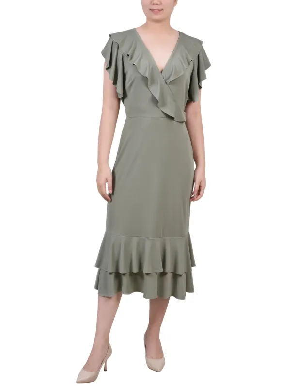 Oil Green Short flutter Sleeve Ruffle Neck Dress - Petite sold by Dress Barn