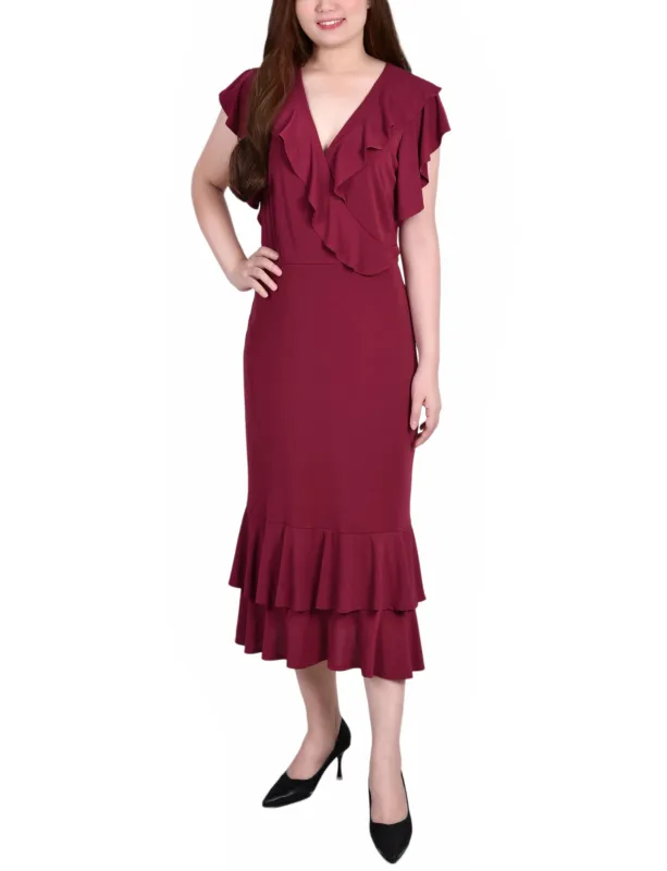 Deep Burgundy Short flutter Sleeve Ruffle Neck Dress - Petite sold by Dress Barn