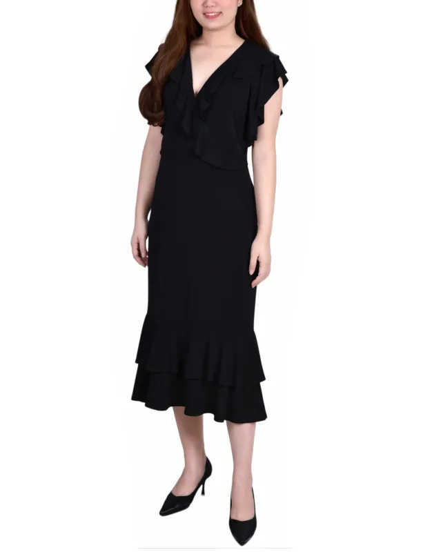 Black Short flutter Sleeve Ruffle Neck Dress - Petite sold by Dress Barn