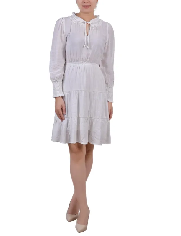 White Long Sleeve Tiered Dress With Ruffled Neck - Petite sold by Dress Barn