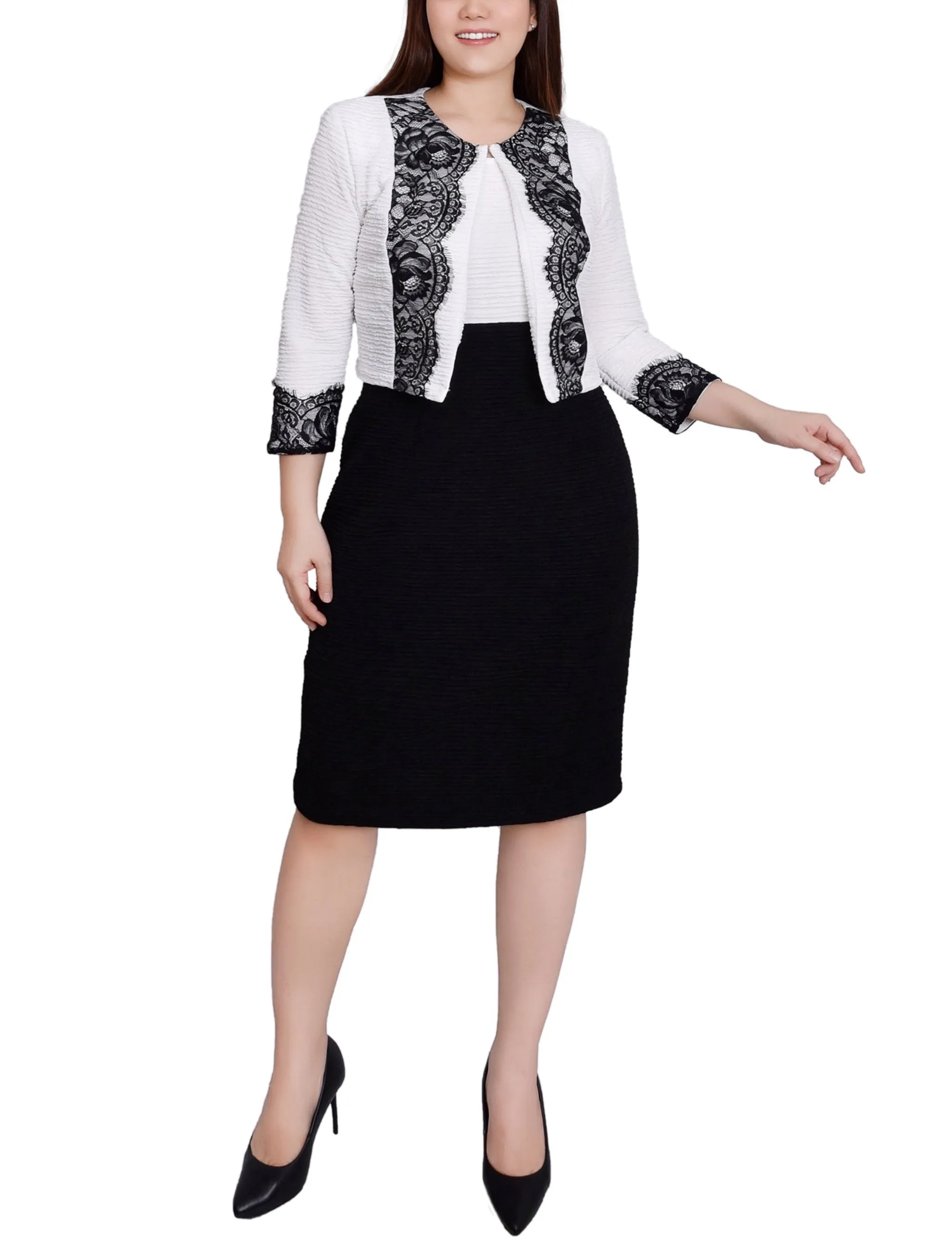 White Black Lace-Detail 2 Piece Textured Knit Dress Set - Petite sold by Dress Barn