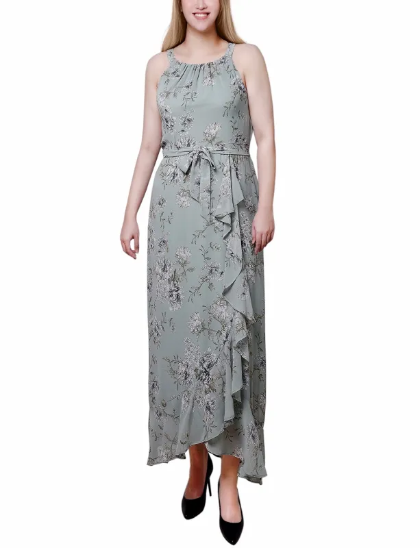 Sage Ivory Floral Halter Front Chiffon Maxi Dress - Petite sold by Dress Barn