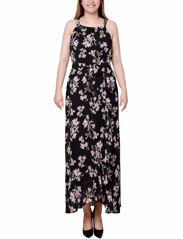 Black Pink Halter Front Chiffon Maxi Dress - Petite sold by Dress Barn