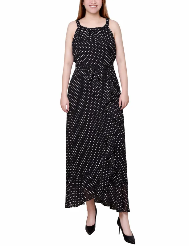 Black Ivory Dot Halter Front Chiffon Maxi Dress - Petite sold by Dress Barn