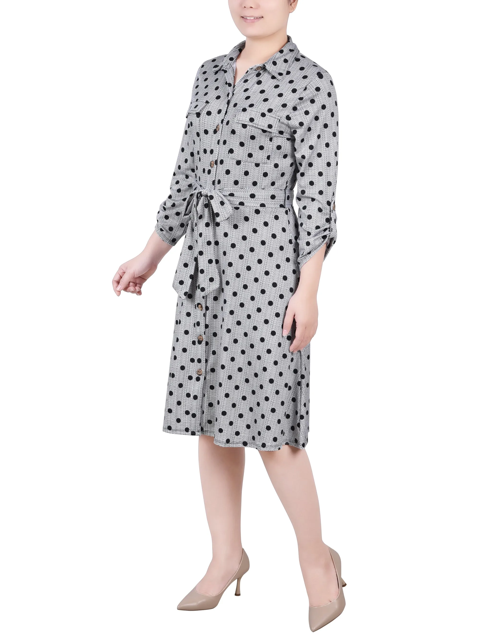 Black White Abstract Dot 3/4 Slv Roll Tab Shirtdress - Petite sold by Dress Barn product image thumbnail 2