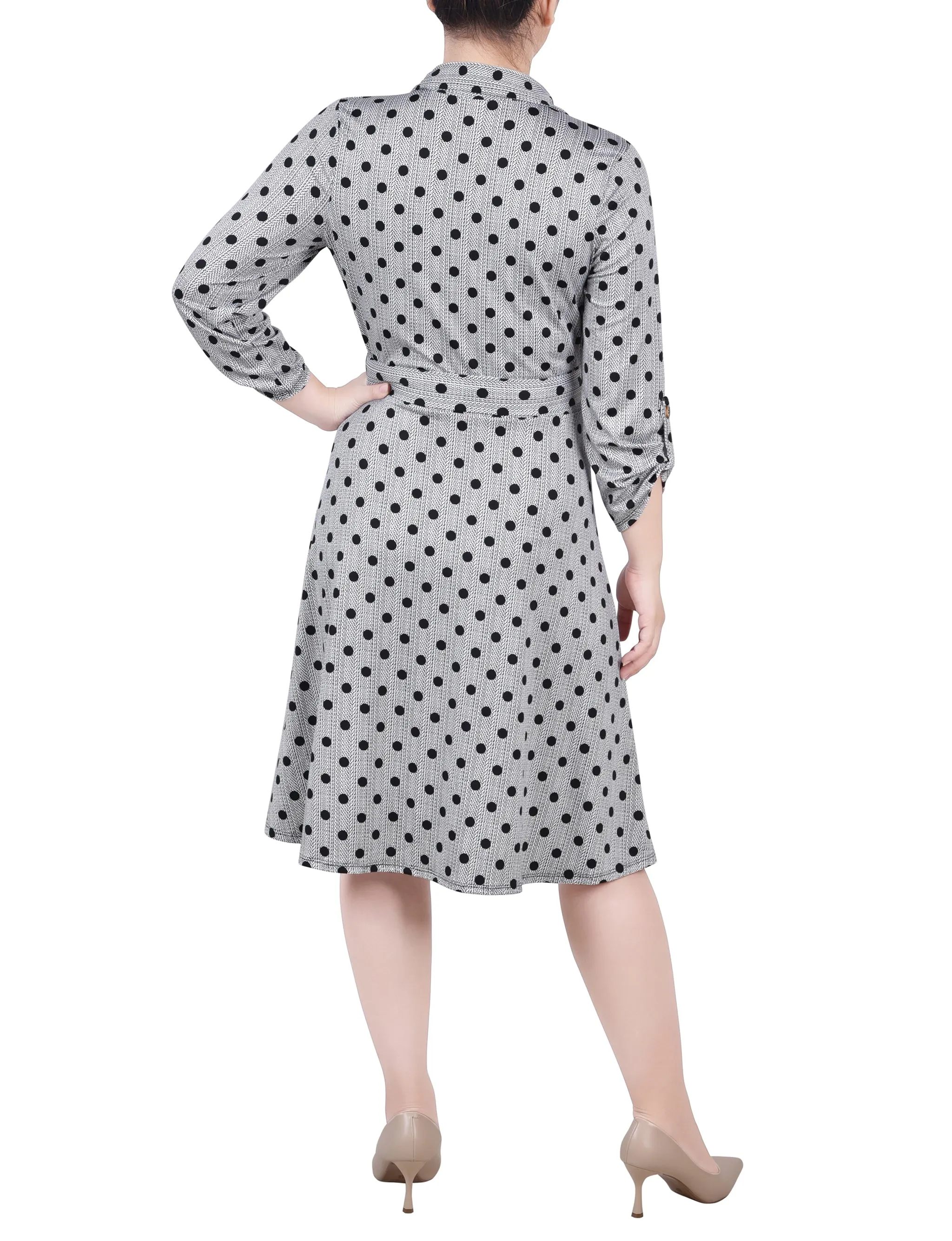 Black White Abstract Dot 3/4 Slv Roll Tab Shirtdress - Petite sold by Dress Barn product image thumbnail 3