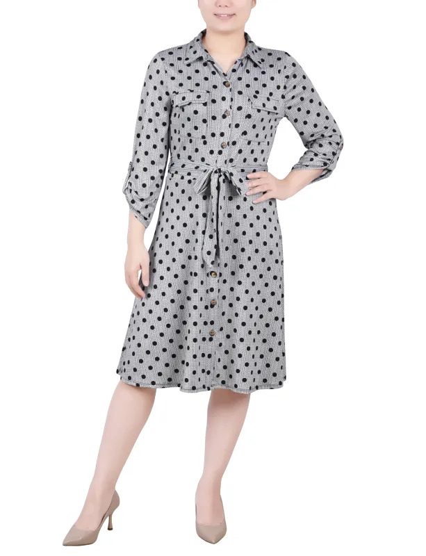 Black White Abstract Dot 3/4 Slv Roll Tab Shirtdress - Petite sold by Dress Barn