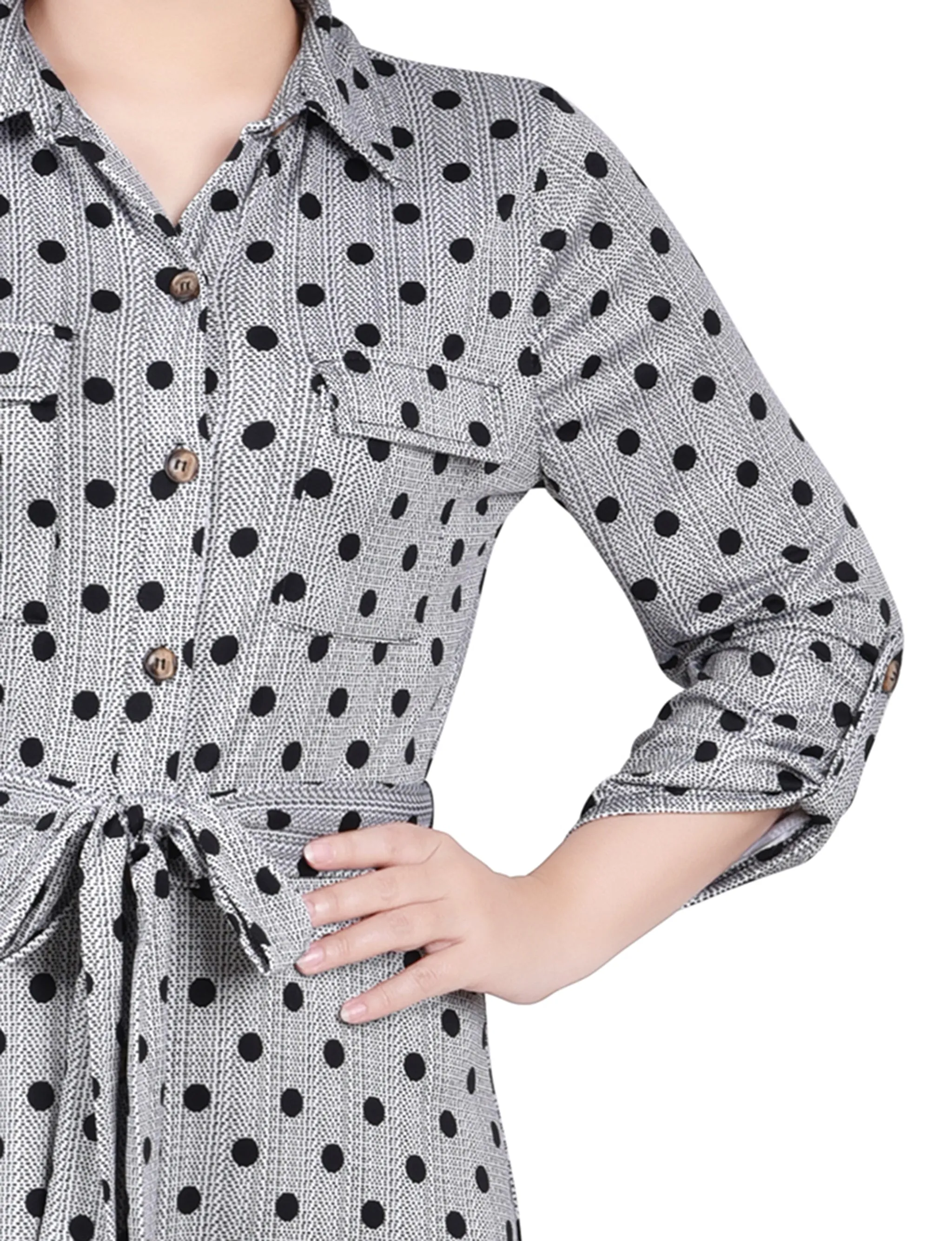 Black White Abstract Dot 3/4 Slv Roll Tab Shirtdress - Petite sold by Dress Barn product image thumbnail 4