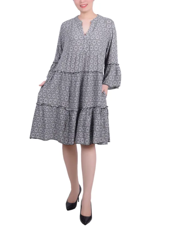 Black White Geo 3/4 Sleeve Tiered Dress - Petite sold by Dress Barn