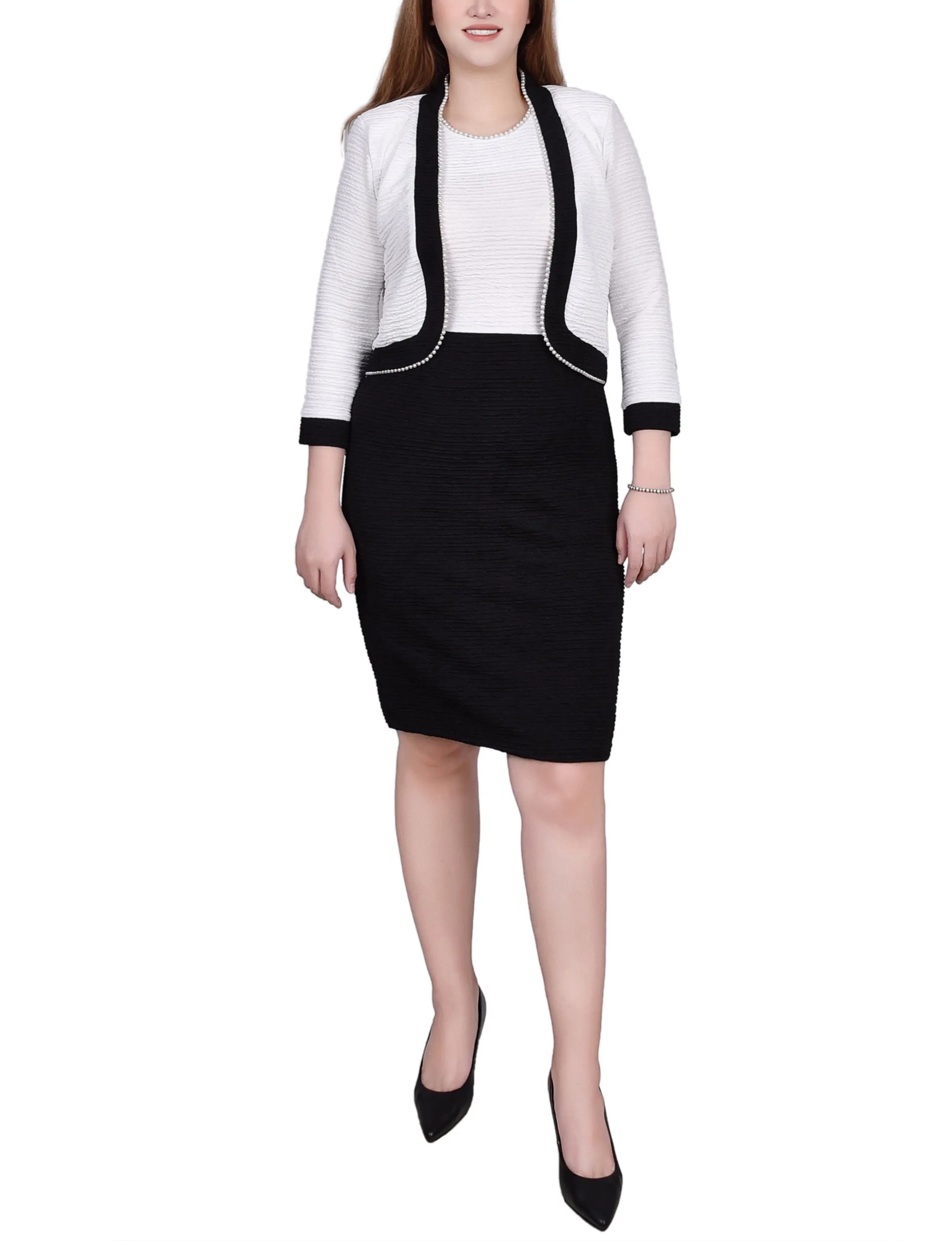 Black White 3/4 Sleeve Textured Knit 2 Piece Dress Set - Petite sold by Dress Barn