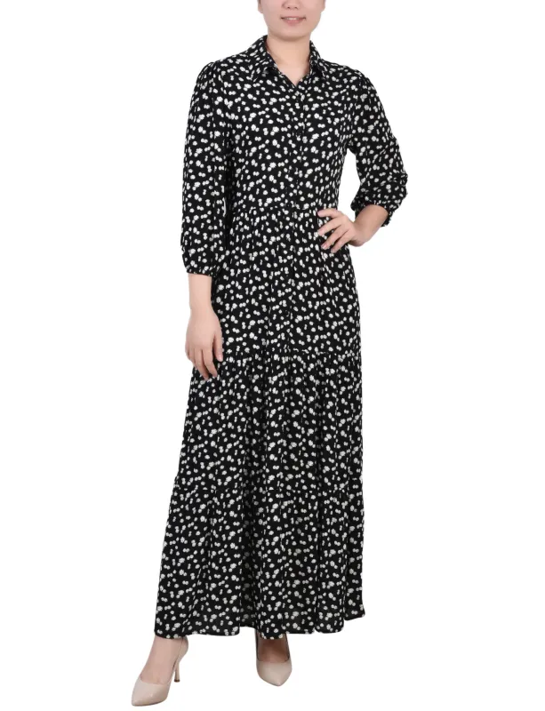 Black White Disty Floral 3/4 Sleeve Crinkle Tiered Maxi Dress - Petite sold by Dress Barn