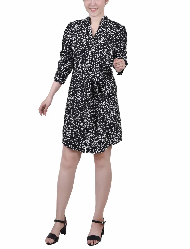 Ivory Flower 3/4 Rouched Sleeve Dress With Belt - Petite sold by Dress Barn