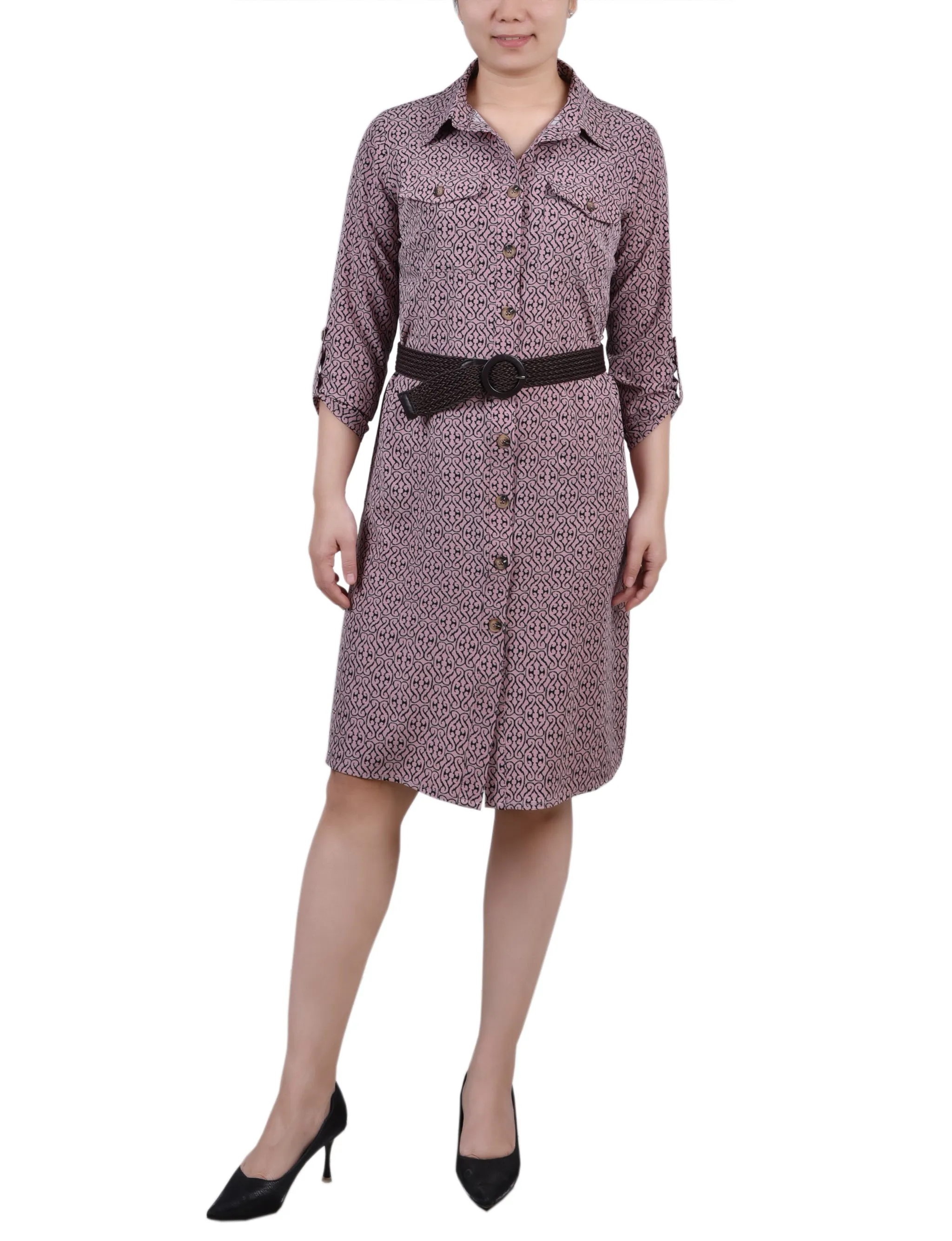 Lilas Black Swirl 3/4 Roll Tab Sleeve Shirtdress - Petite sold by Dress Barn