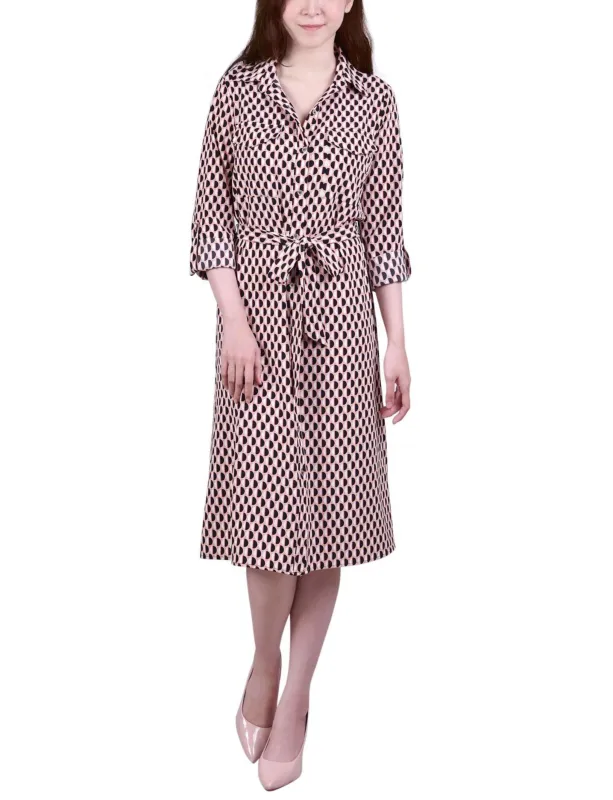 Peach Amber Geo 3/4 Roll Tab Sleeve Belted Shirtdress - Petite sold by Dress Barn