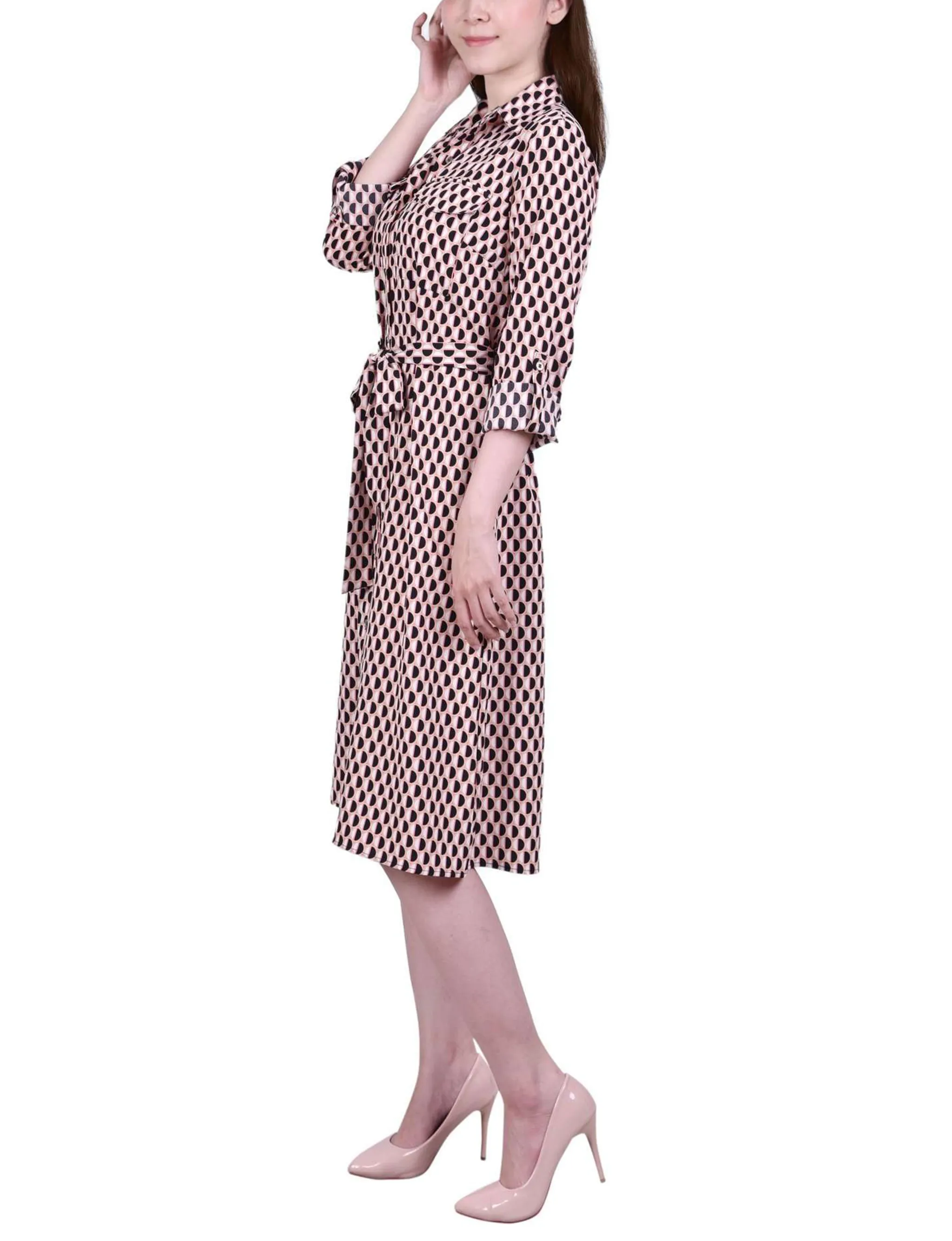 Peach Amber Geo 3/4 Roll Tab Sleeve Belted Shirtdress - Petite sold by Dress Barn product image thumbnail 2