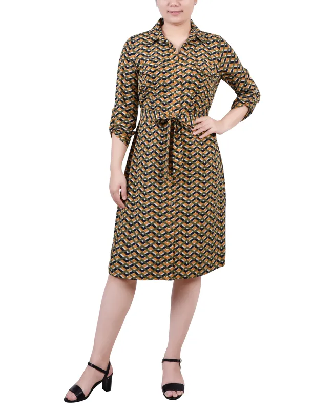 Cypress Inca Gold Navy Zigzag 3/4 Roll Tab Sleeve Belted Shirtdress - Petite sold by Dress Barn