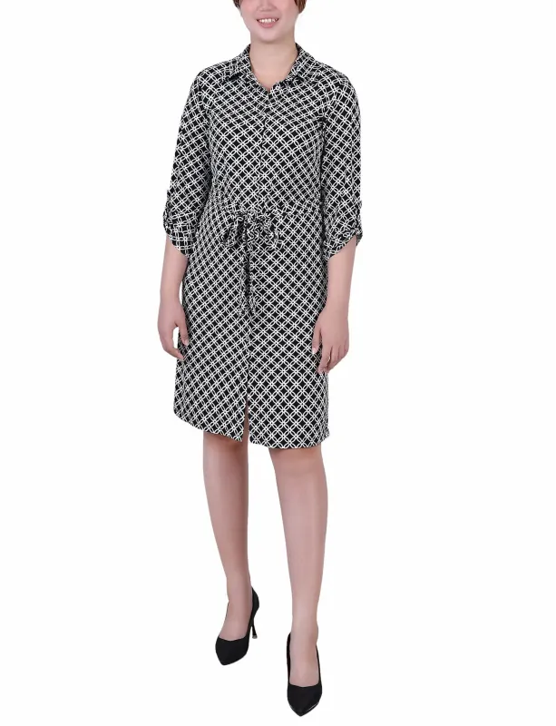 Black White Iconic 3/4 Roll Tab Sleeve Belted Shirtdress - Petite sold by Dress Barn