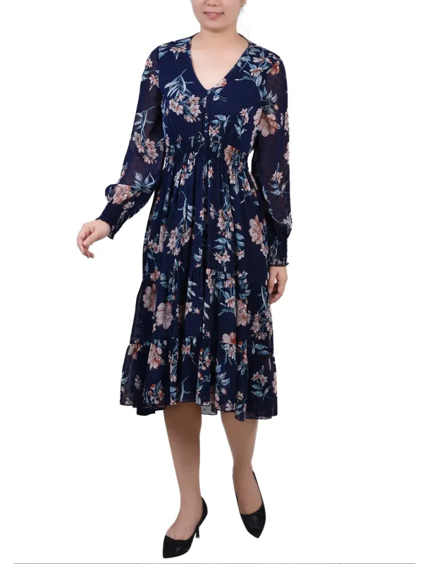 Navy Hydrolily Long Sleeve Clip Dot Chiffon Dress With Smocked Waist and Cuffs sold by Dress Barn