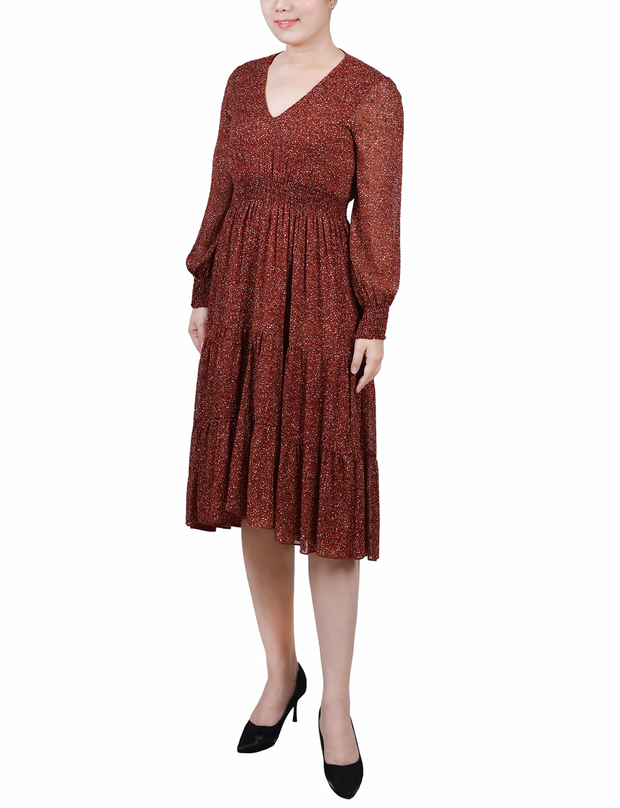 Brown Cheetah Long Sleeve Clip Dot Chiffon Dress With Smocked Waist and Cuffs sold by Dress Barn