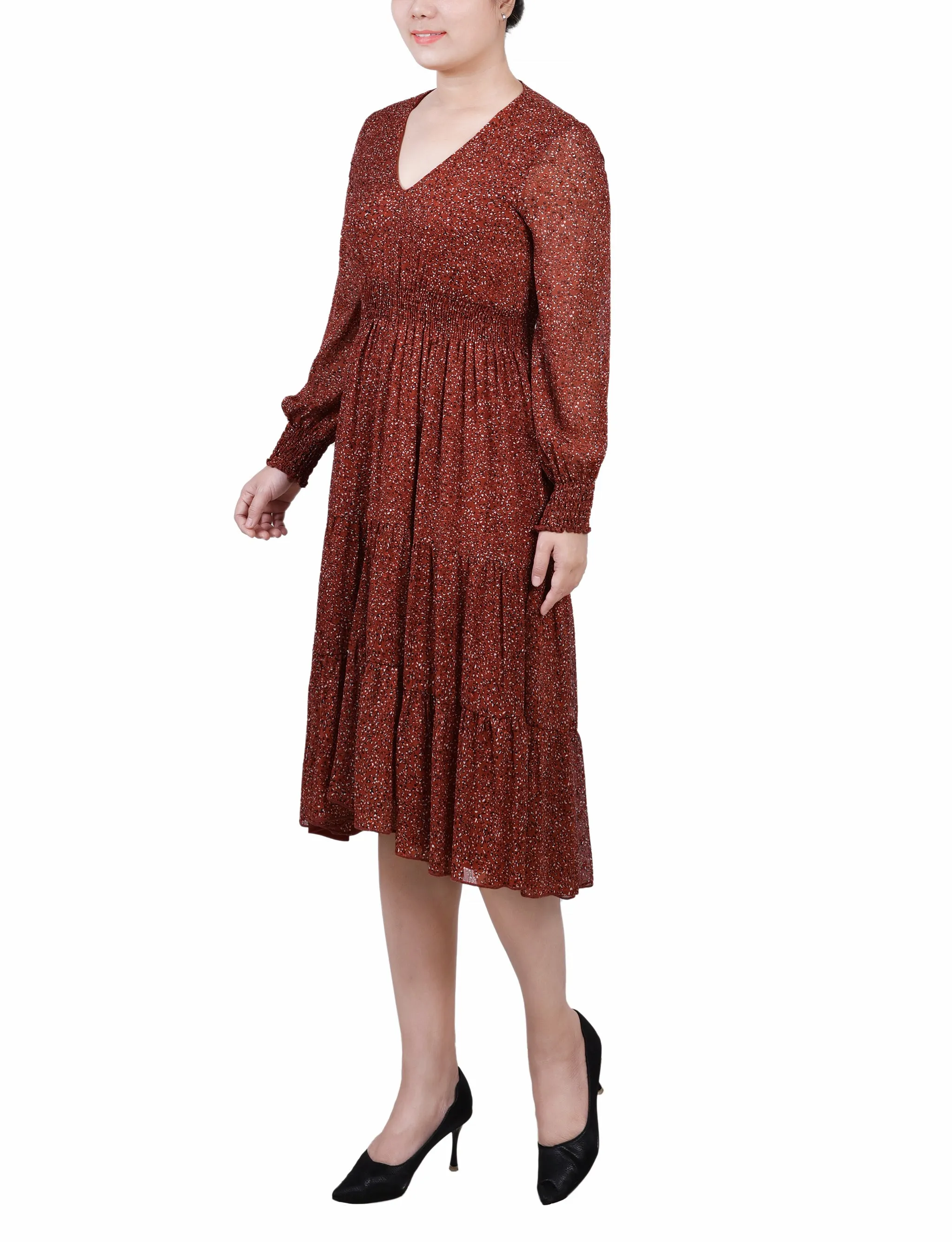 Brown Cheetah Long Sleeve Clip Dot Chiffon Dress With Smocked Waist and Cuffs sold by Dress Barn product image thumbnail 2