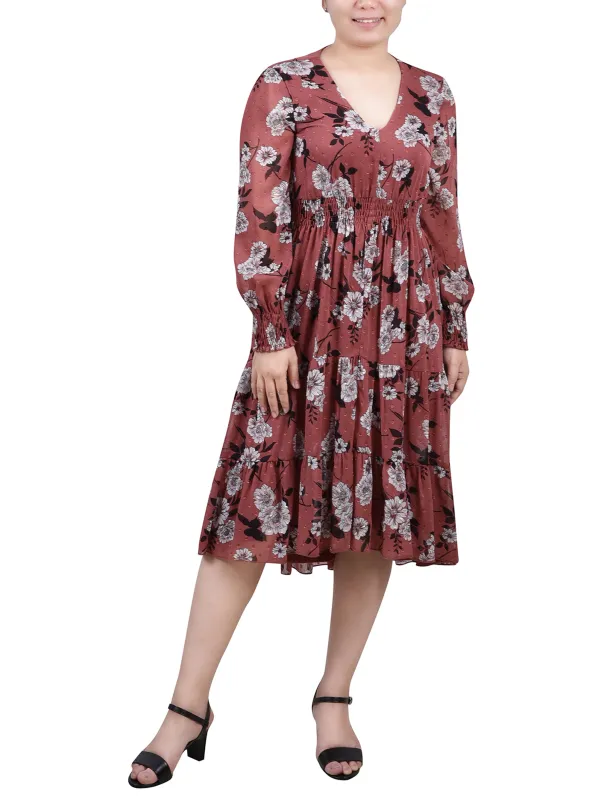 Black Mauve Shadown Long Sleeve Clip Dot Chiffon Dress With Smocked Waist and Cuffs sold by Dress Barn