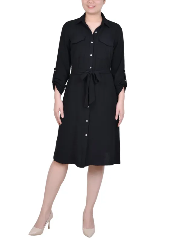 Black Long Roll Tab Sleeve Shirtdress sold by Dress Barn