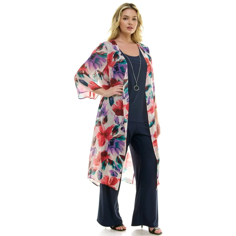 Sara Michelle Floral 3/4 2Fer Duster W/ Necklace And Elastic Pull On Pant - Plus sold by Dress Barn