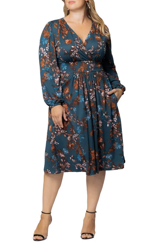Teal Blue Asters Diana Long Sleeve Midi Dress - Plus sold by Dress Barn