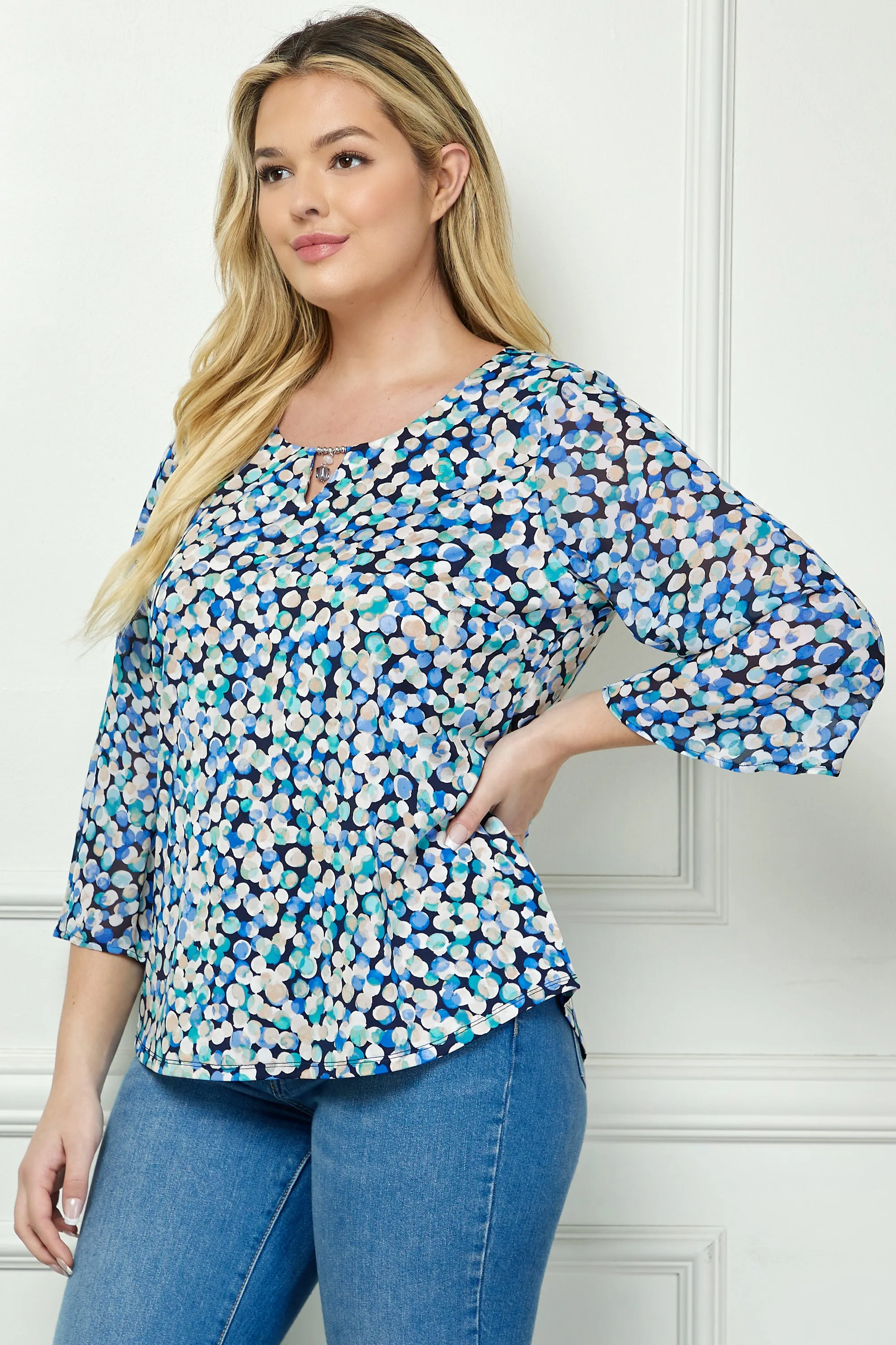 Blue 3/4 Bell Sleeve Cutout Keyhole Trim Front Neck Mix Media Blouse - Plus sold by Dress Barn product image thumbnail 2