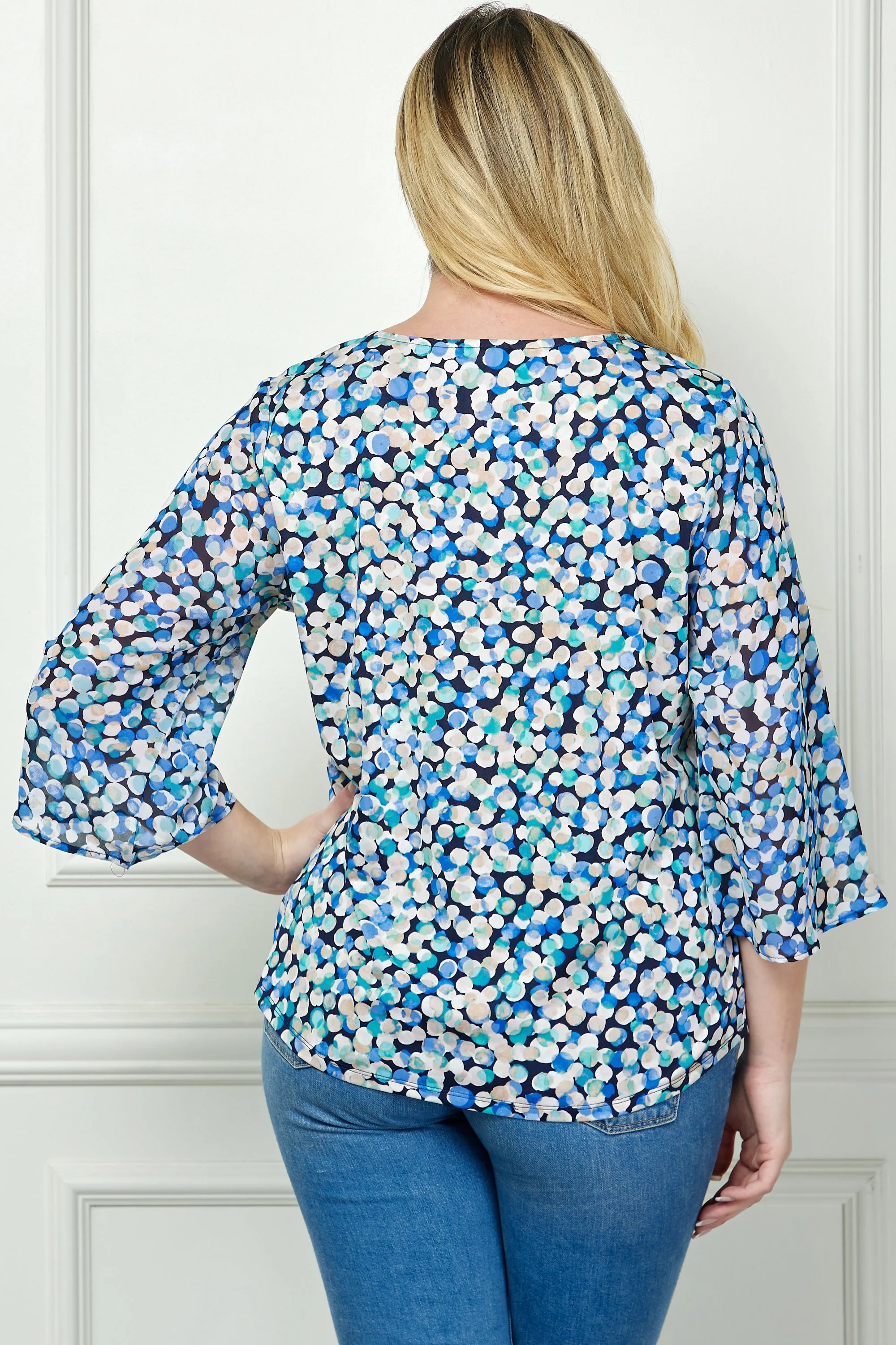 Blue 3/4 Bell Sleeve Cutout Keyhole Trim Front Neck Mix Media Blouse - Plus sold by Dress Barn product image thumbnail 4