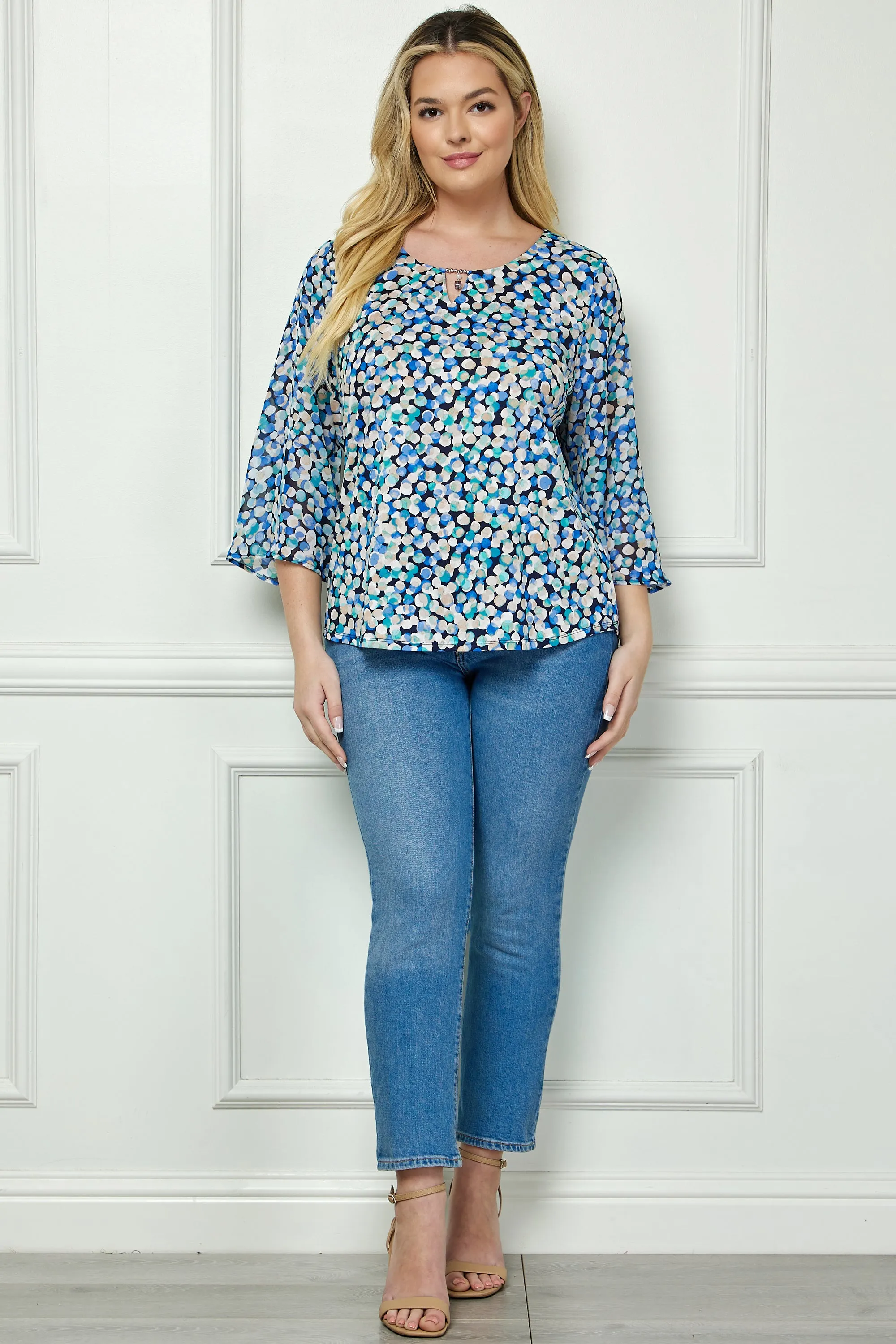 Blue 3/4 Bell Sleeve Cutout Keyhole Trim Front Neck Mix Media Blouse - Plus sold by Dress Barn product image thumbnail 3