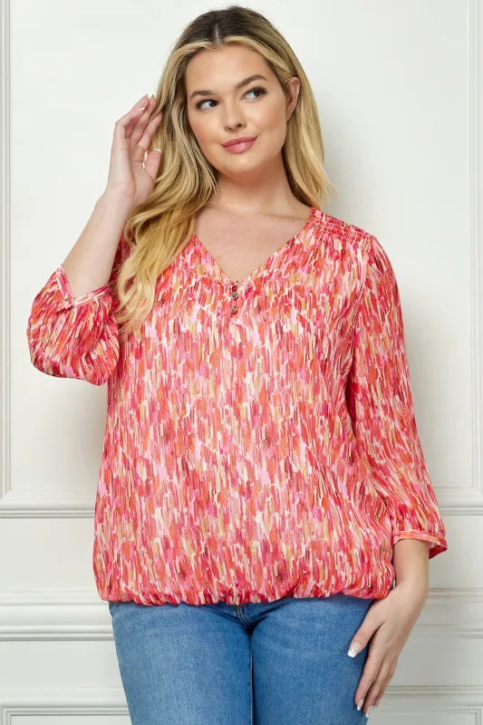 3/4 Button Cuff Sleeve 3 Button V-Neck Smock Shoulder Popover Lined Bubble Blouse - Plus sold by Dress Barn