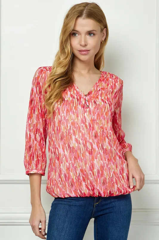 3/4 Button Cuff Sleeve 3 Button V-Neck Smock Shoulder Popover Lined Bubble Blouse sold by Dress Barn