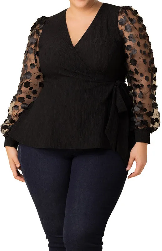 Scattered Petals Long Sleeve Wrap Top, Black - Plus sold by Dress Barn