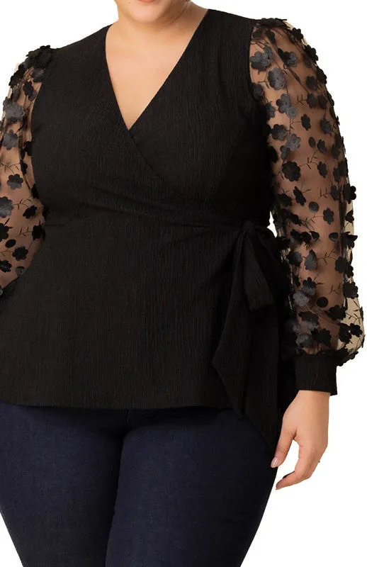 Scattered Petals Long Sleeve Wrap Top, Black - Plus sold by Dress Barn product image thumbnail 3