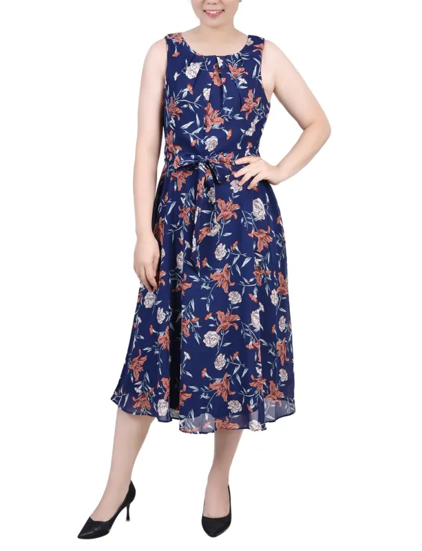 Navy Floral Sleeveless Chiffon Belted Dress sold by Dress Barn