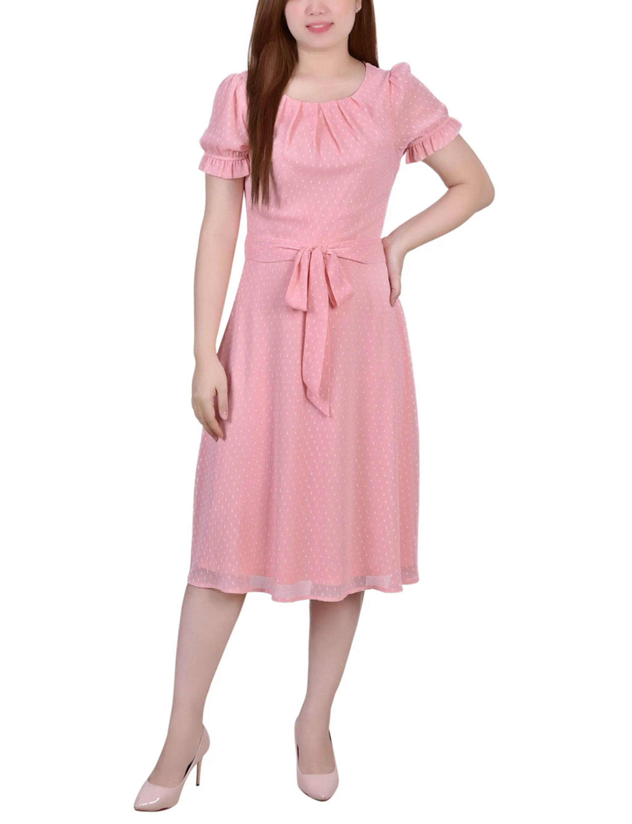 Mellow Rose Short Sleeve Belted Swiss Dot Dress sold by Dress Barn