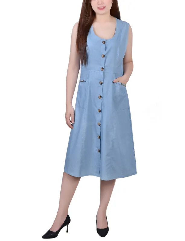 Light Denim Sleeveless Chambray Dress With Chain Details sold by Dress Barn