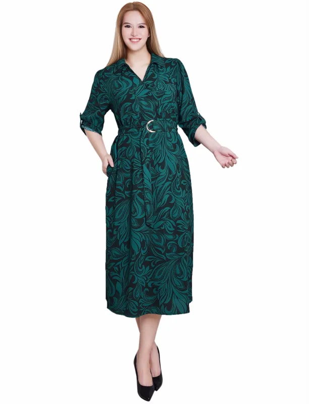 Emerald 3/4 Roll Tab Belted Dress sold by Dress Barn