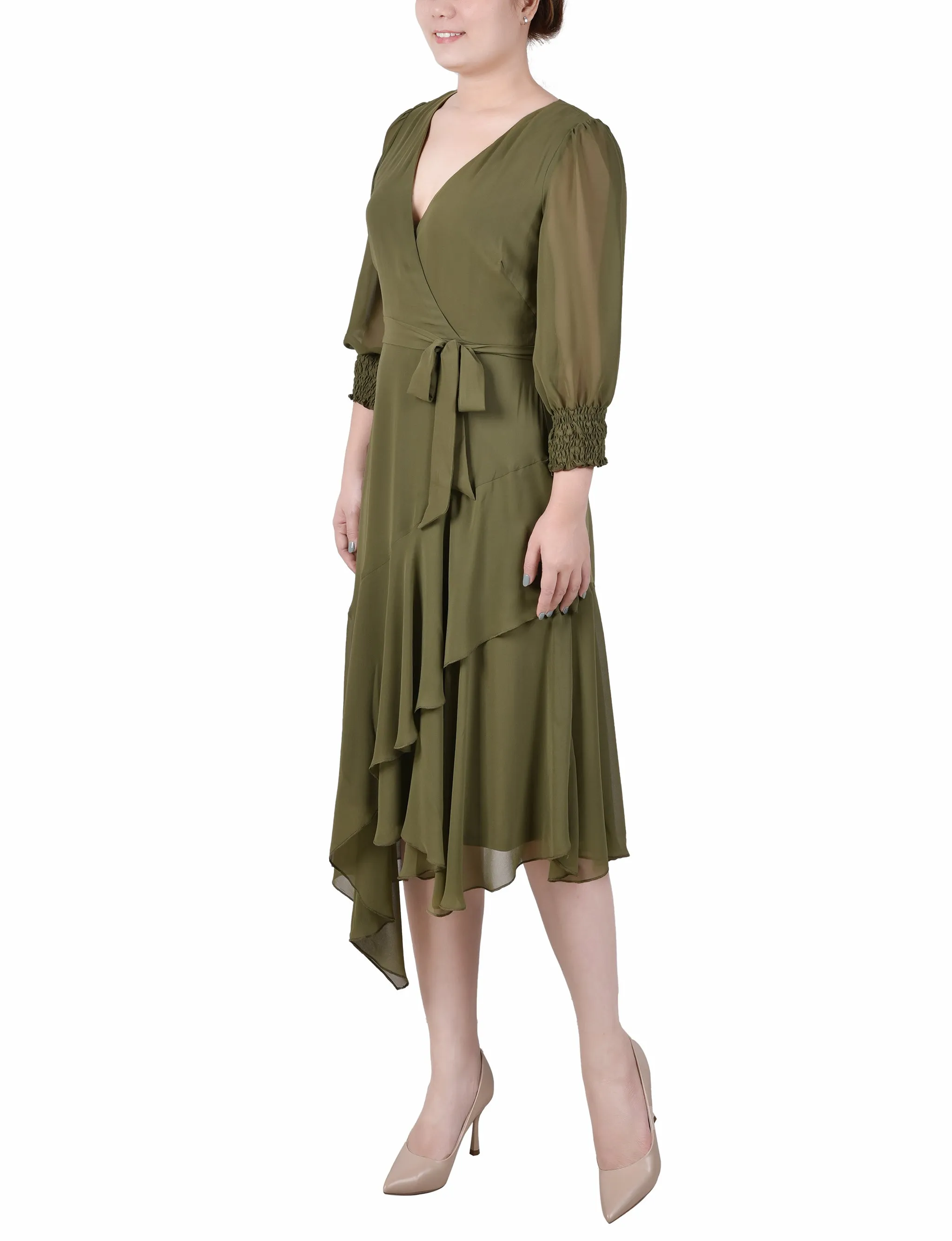 Winter Moss 3/4 Sleeve Belted Chiffon Hankerchief Hem Dress sold by Dress Barn product image thumbnail 2