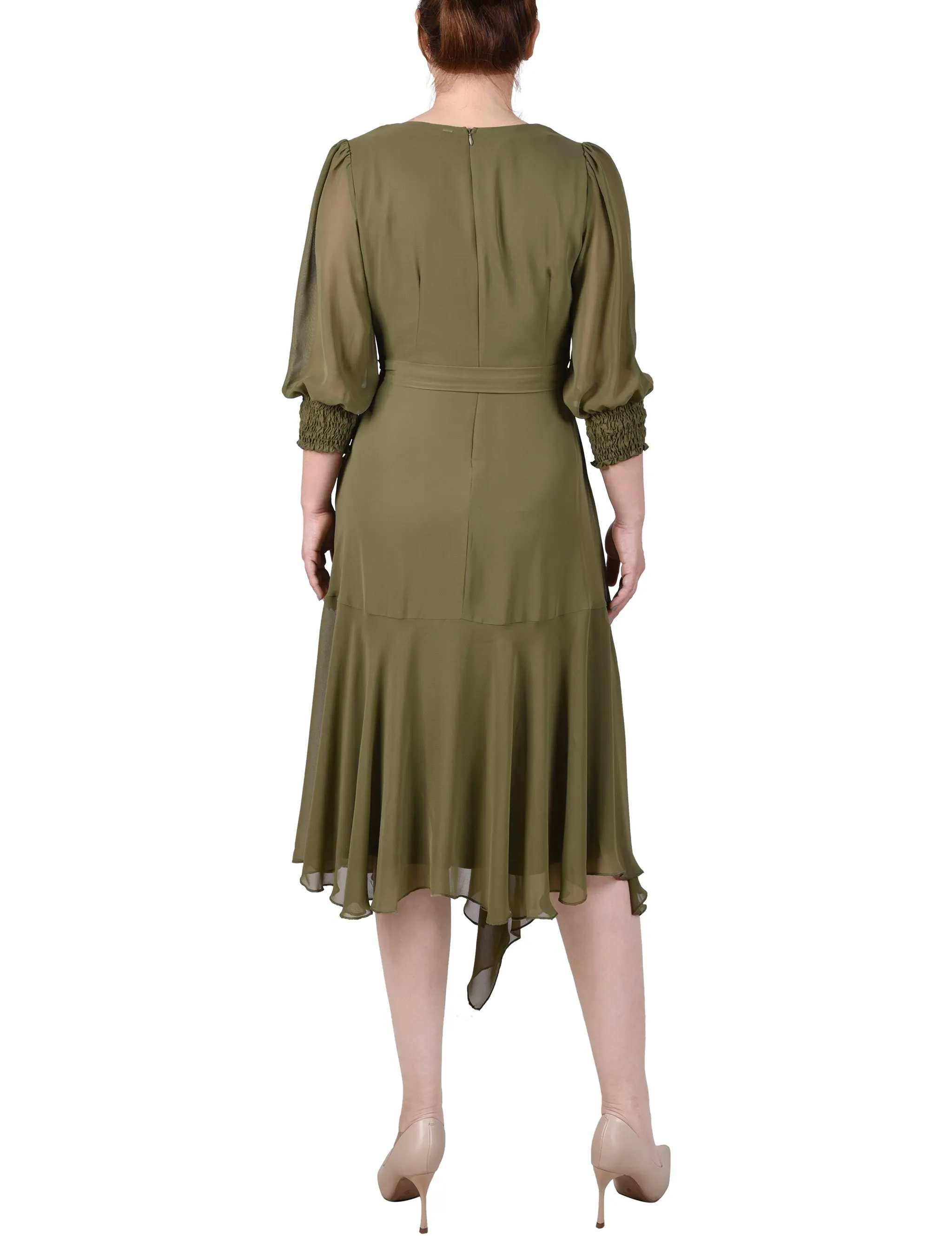 Winter Moss 3/4 Sleeve Belted Chiffon Hankerchief Hem Dress sold by Dress Barn product image thumbnail 3