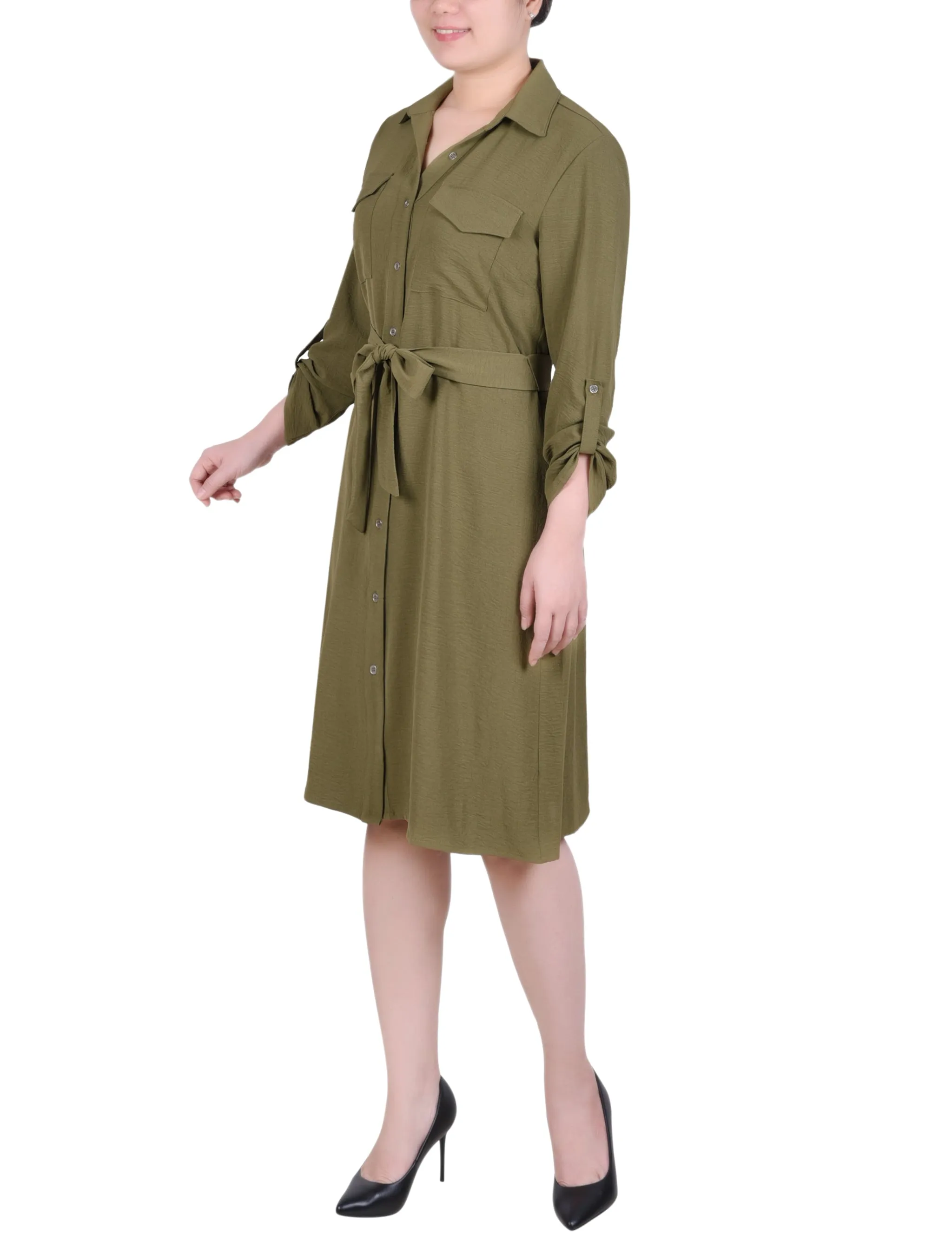 Burnt Olive Long Roll Tab Sleeve Shirtdress sold by Dress Barn product image thumbnail 2