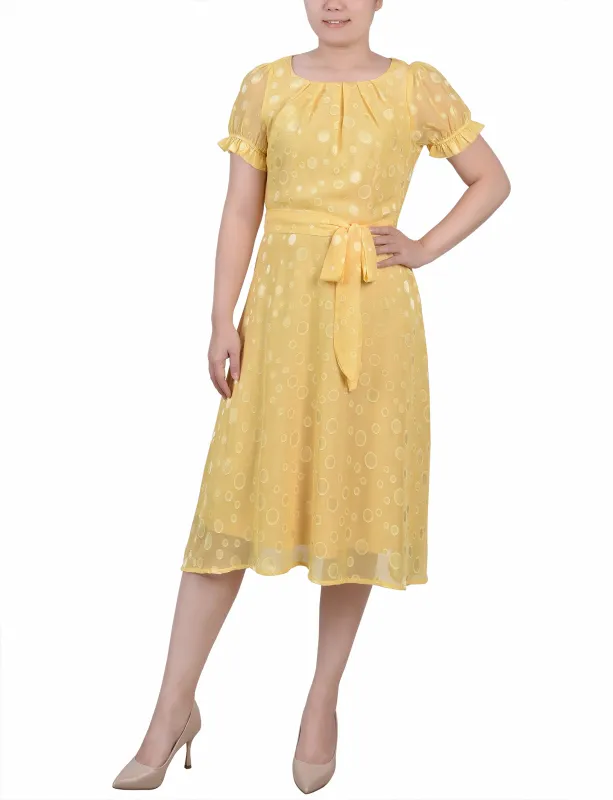 Yellow Multi Circle Short Sleeve Belted Swiss Dot Dress sold by Dress Barn