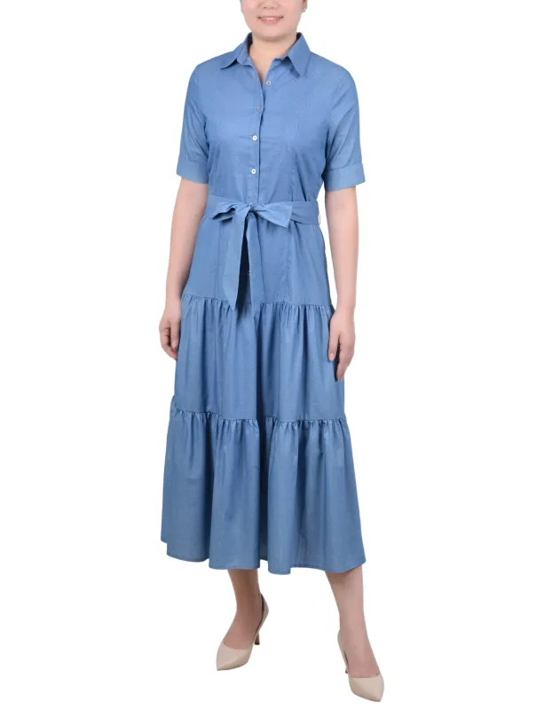 Med Denim Short Sleeve Belted Chambray Dress sold by Dress Barn
