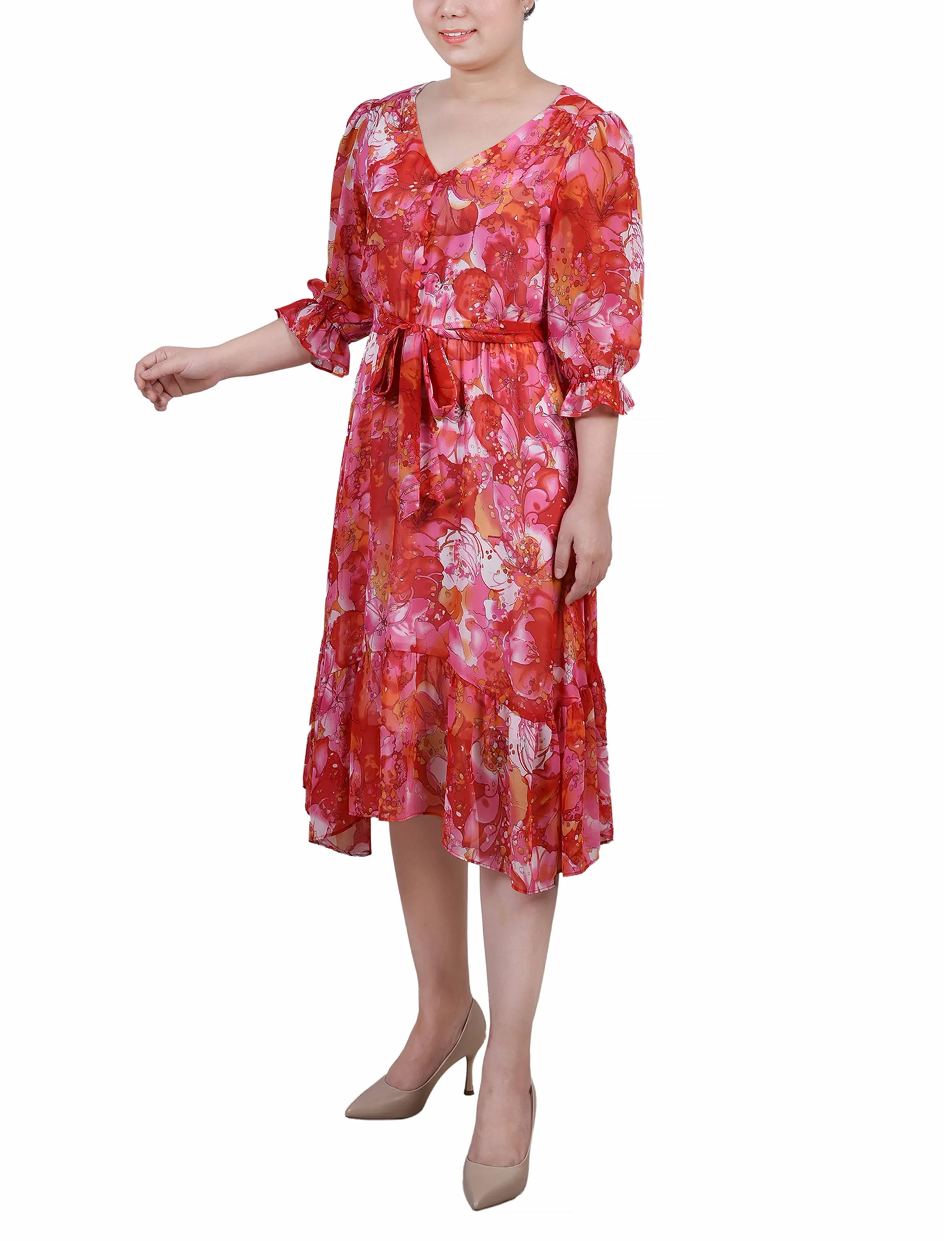 Ivory Fuchsia Coral 3/4 Sleeve V-Neck Flounced Dress sold by Dress Barn product image thumbnail 2