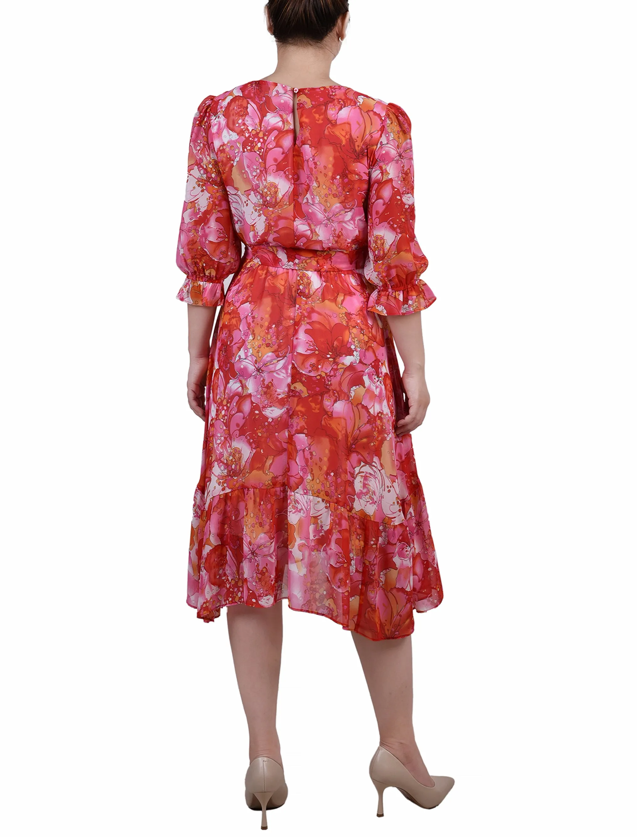 Ivory Fuchsia Coral 3/4 Sleeve V-Neck Flounced Dress sold by Dress Barn product image thumbnail 3