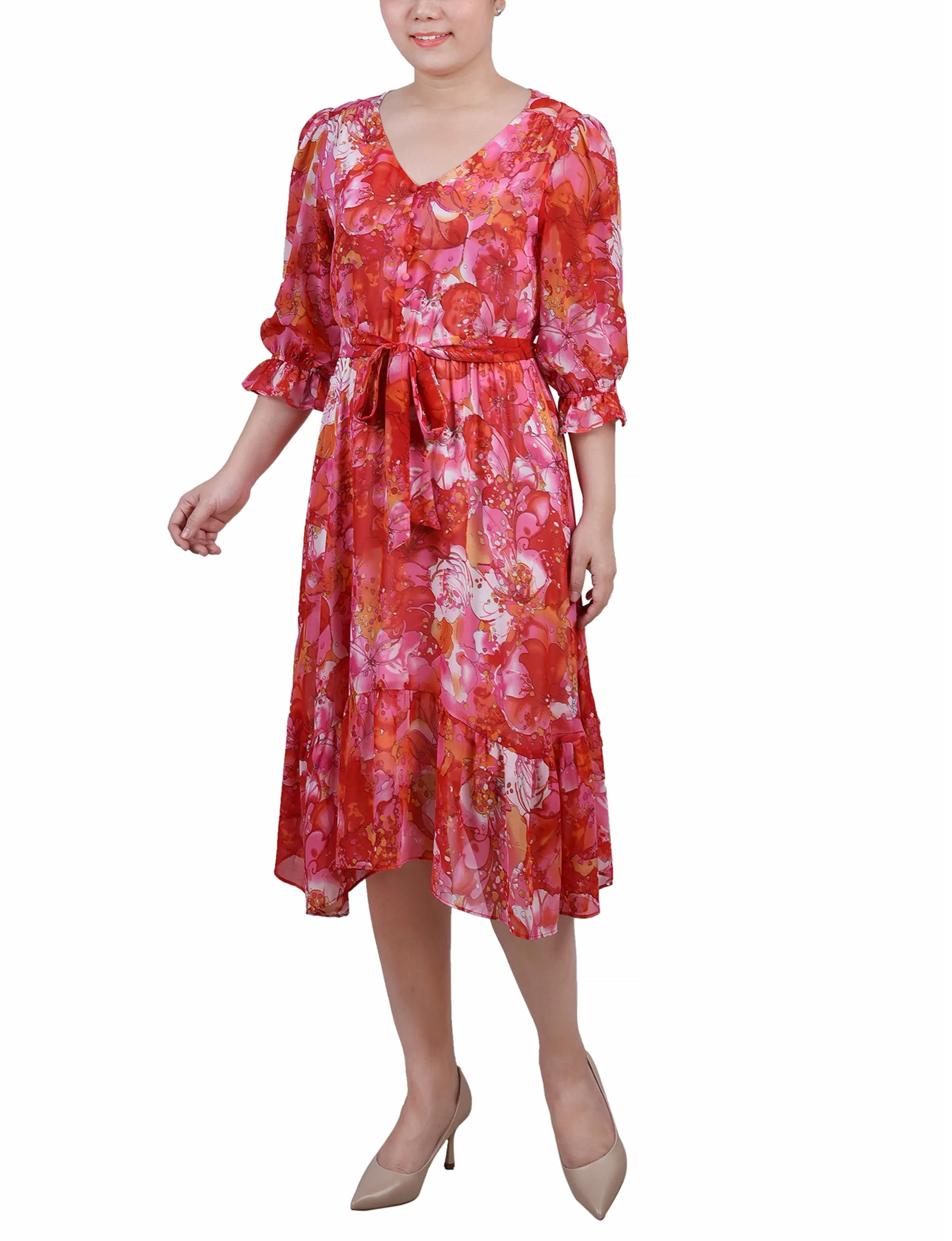 Ivory Fuchsia Coral 3/4 Sleeve V-Neck Flounced Dress sold by Dress Barn