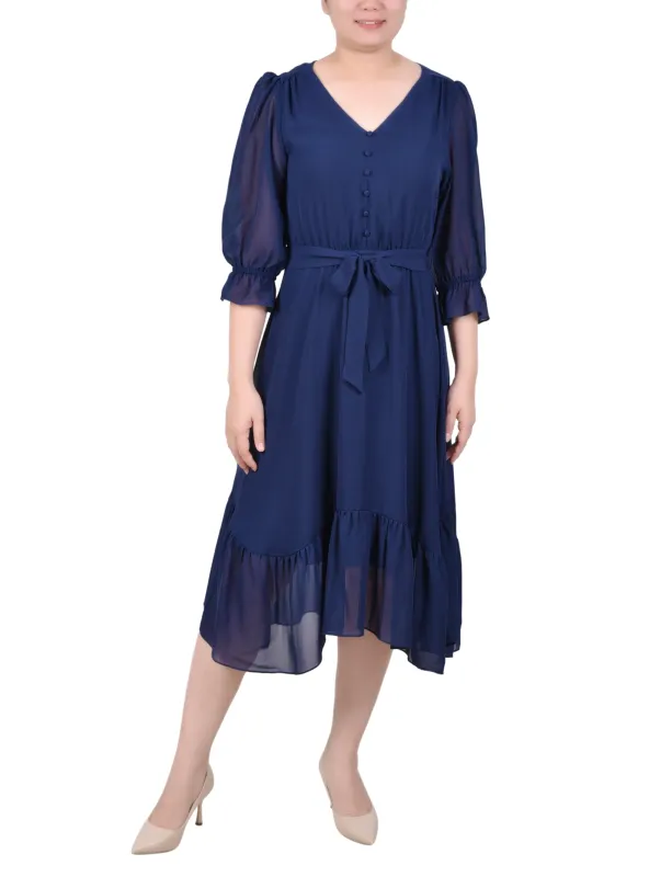 Navy 3/4 Sleeve V-Neck Flounced Dress sold by Dress Barn
